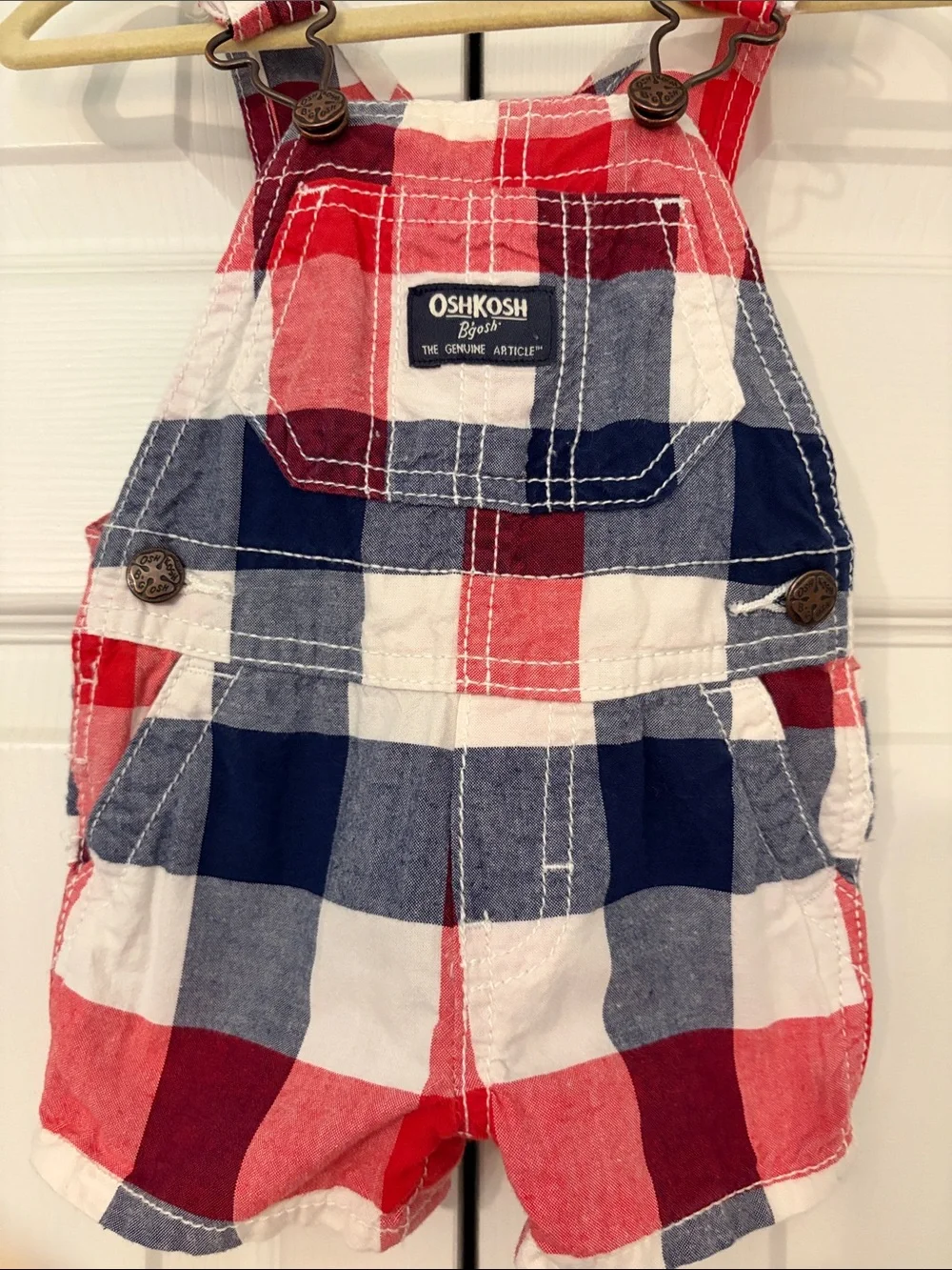OshKosh B'gosh Red, White& Blue Plaid Short Overalls Adorable! 3 Months EUC